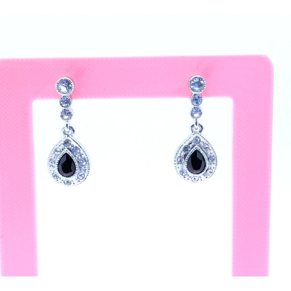 Earrings Black Teardrop Crystal Silver Tone Rhinestone Dangle Drop Post Fashion